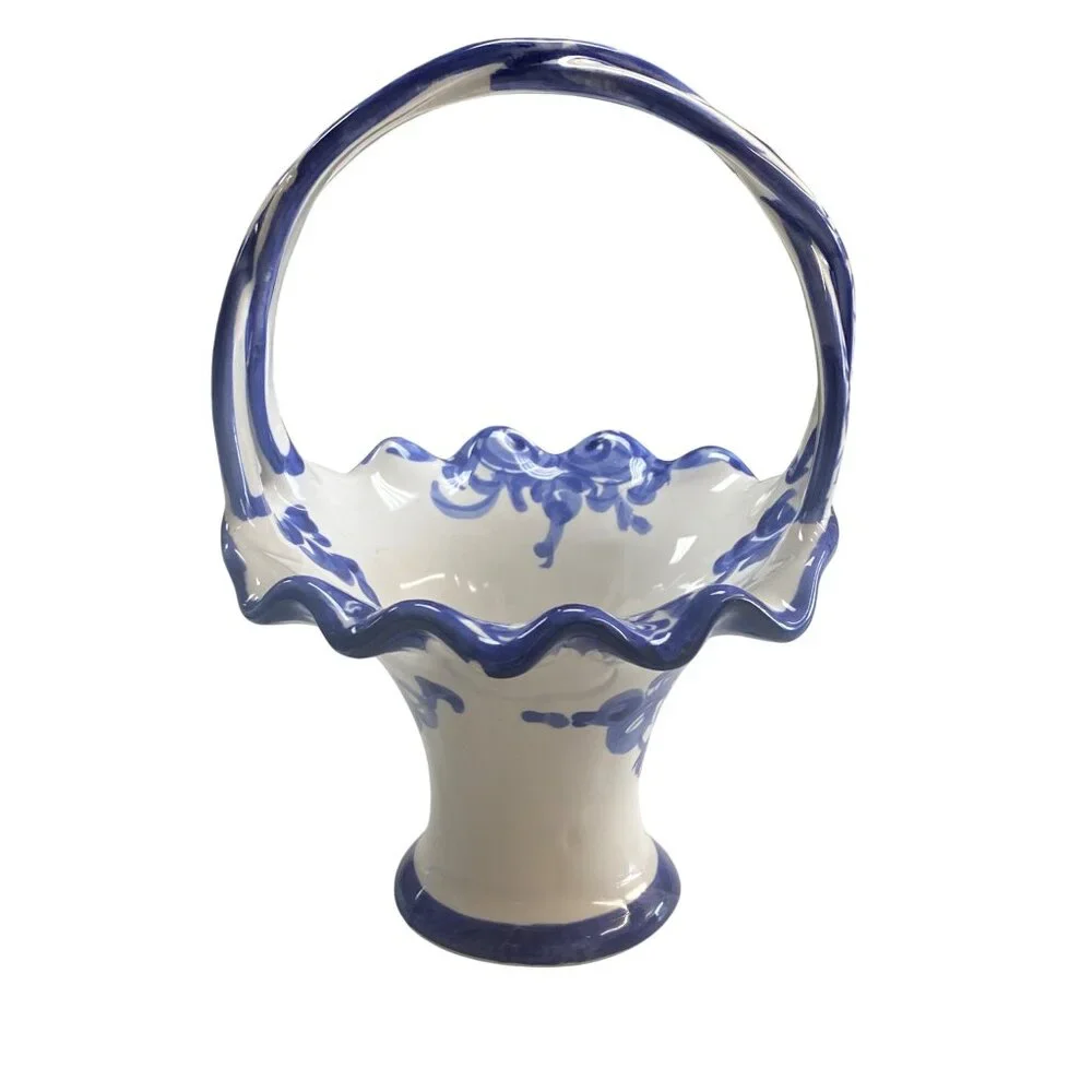Hand-Painted Blue & White Ceramic Basket Vase With Floral Design Made In Portuga - Picture 3 of 9